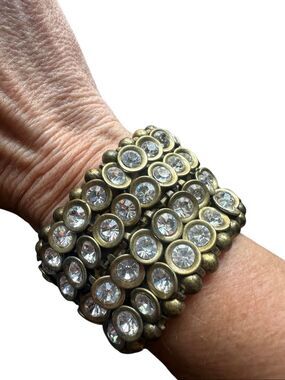 Boho Antiqued Bronze Clear Rhinestone Statement Stretch Cuff